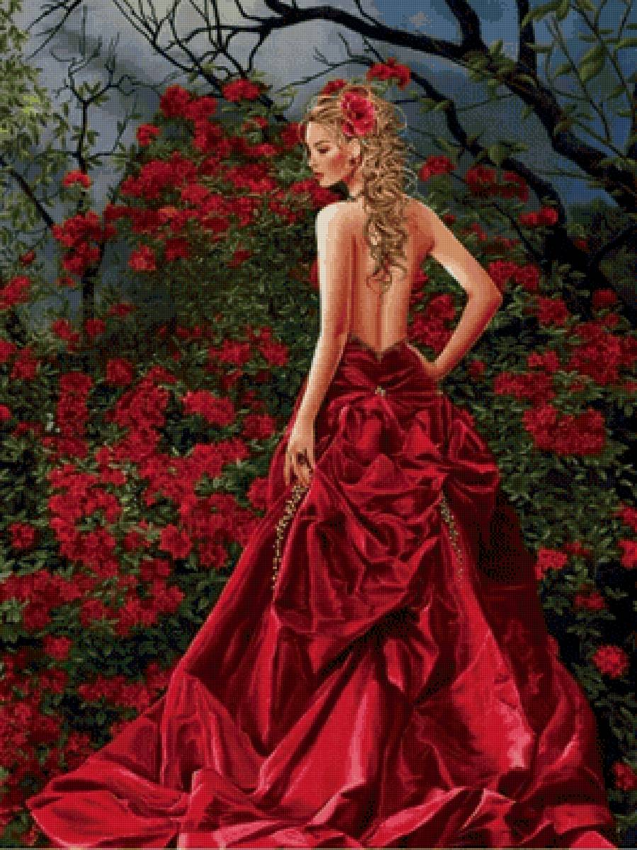 Девушка в красном - сад, розы, девушка, живопись - предпросмотр