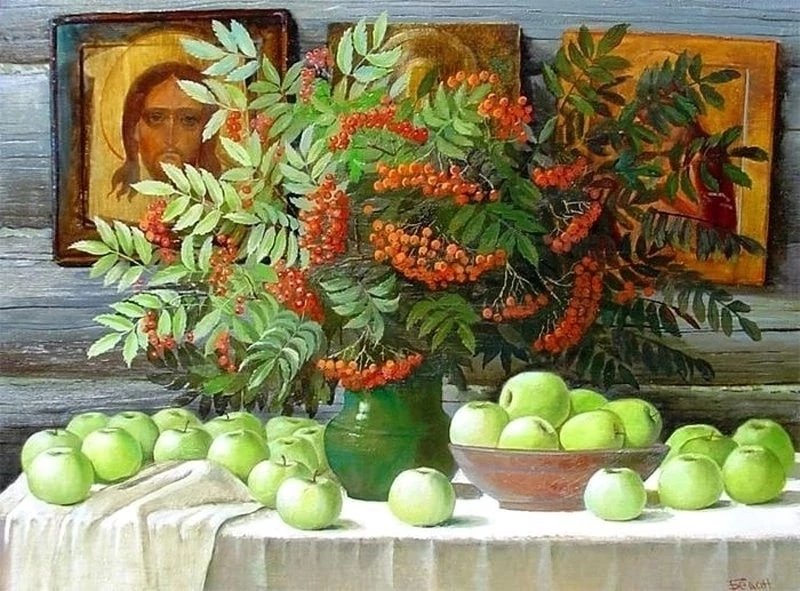 Яблочный спас - рябина, яблоки, иконы - оригинал