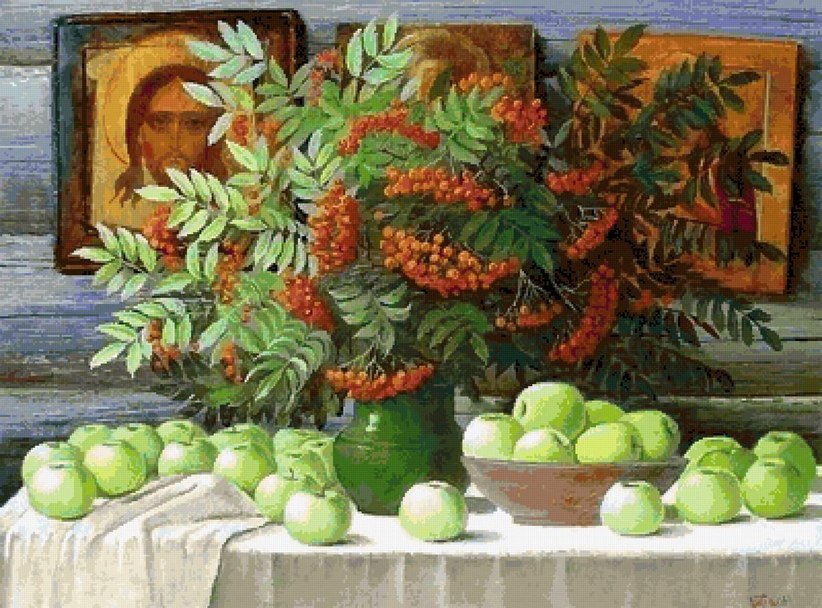 Букет рябины - икона, яблоки, натюрморт, рябина красная - предпросмотр