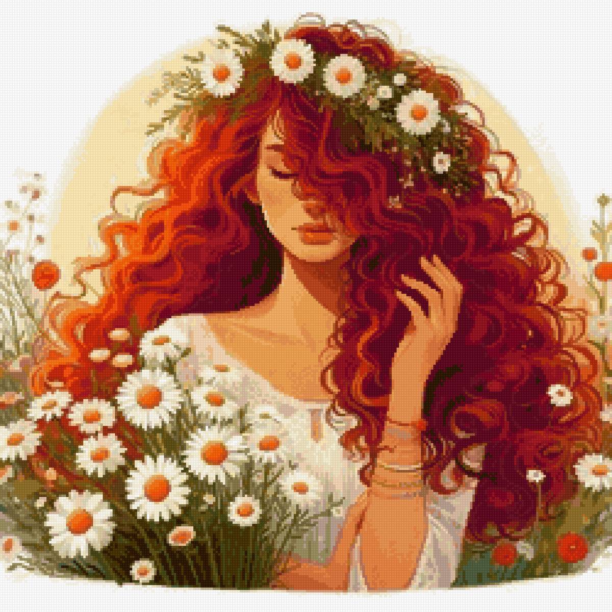 Девушка в венке из ромашек - девушка рыжая, ромашки, цветы, венок - предпросмотр