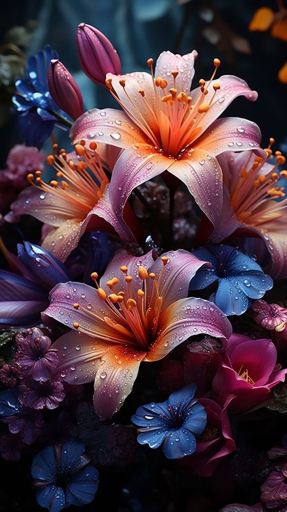 Лилии - натюрморт, синий, лилии, цветы, лиловый, на черном - оригинал