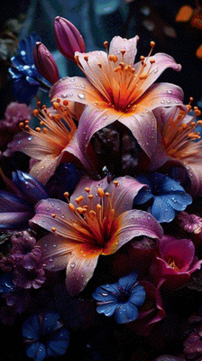 Лилии - лиловый, на черном, лилии, натюрморт, синий, цветы - предпросмотр
