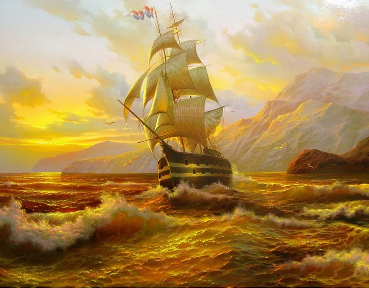 Корабль - волны, закат, парус, море, корабль - оригинал