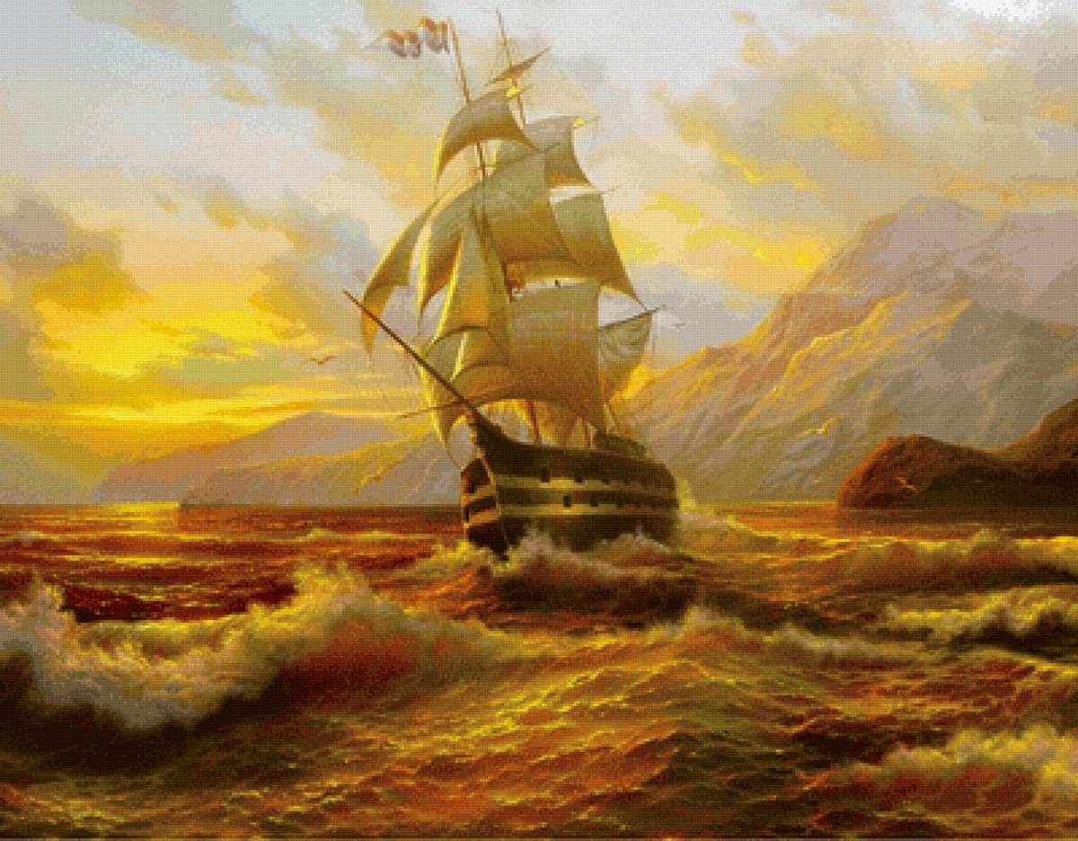 Корабль - парус, море, корабль, волны, закат - предпросмотр
