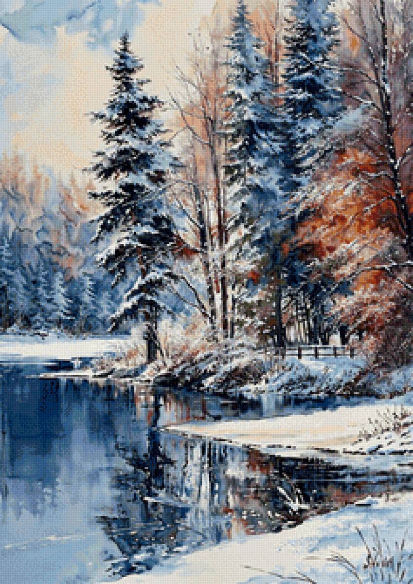 Зима - вода, деревья, пейзаж, зима - предпросмотр