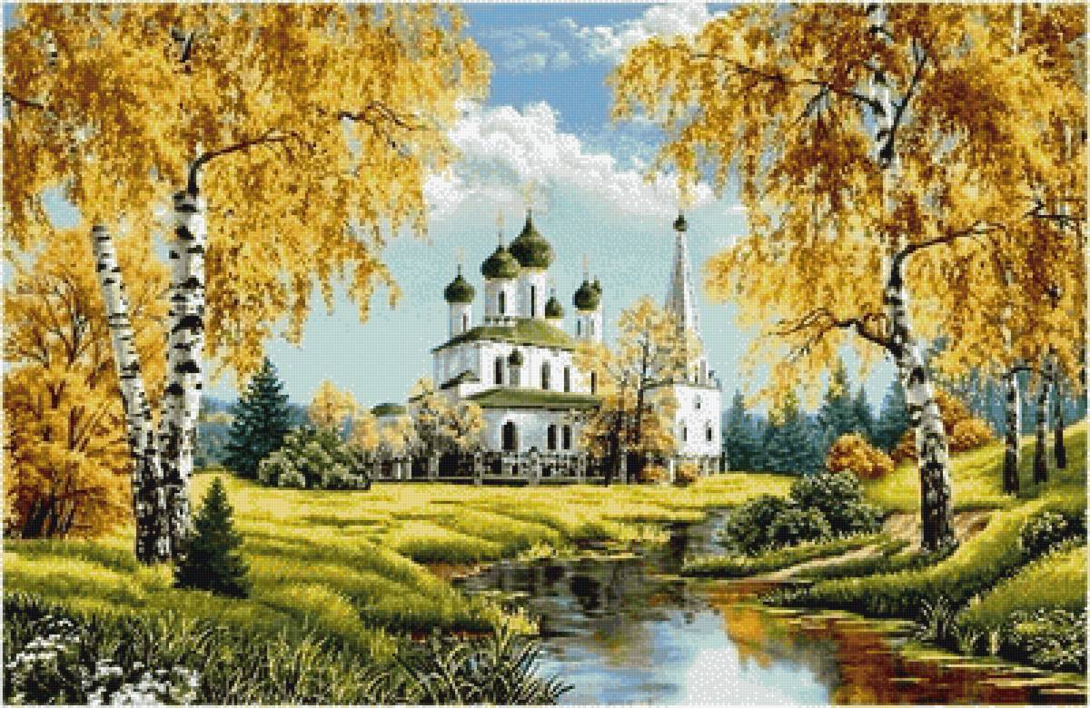 Золотая осень - деревья, пейзаж, осень, церковь - предпросмотр