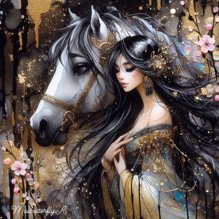 Девушка с конём - девушка, живопись, конь, золото - оригинал