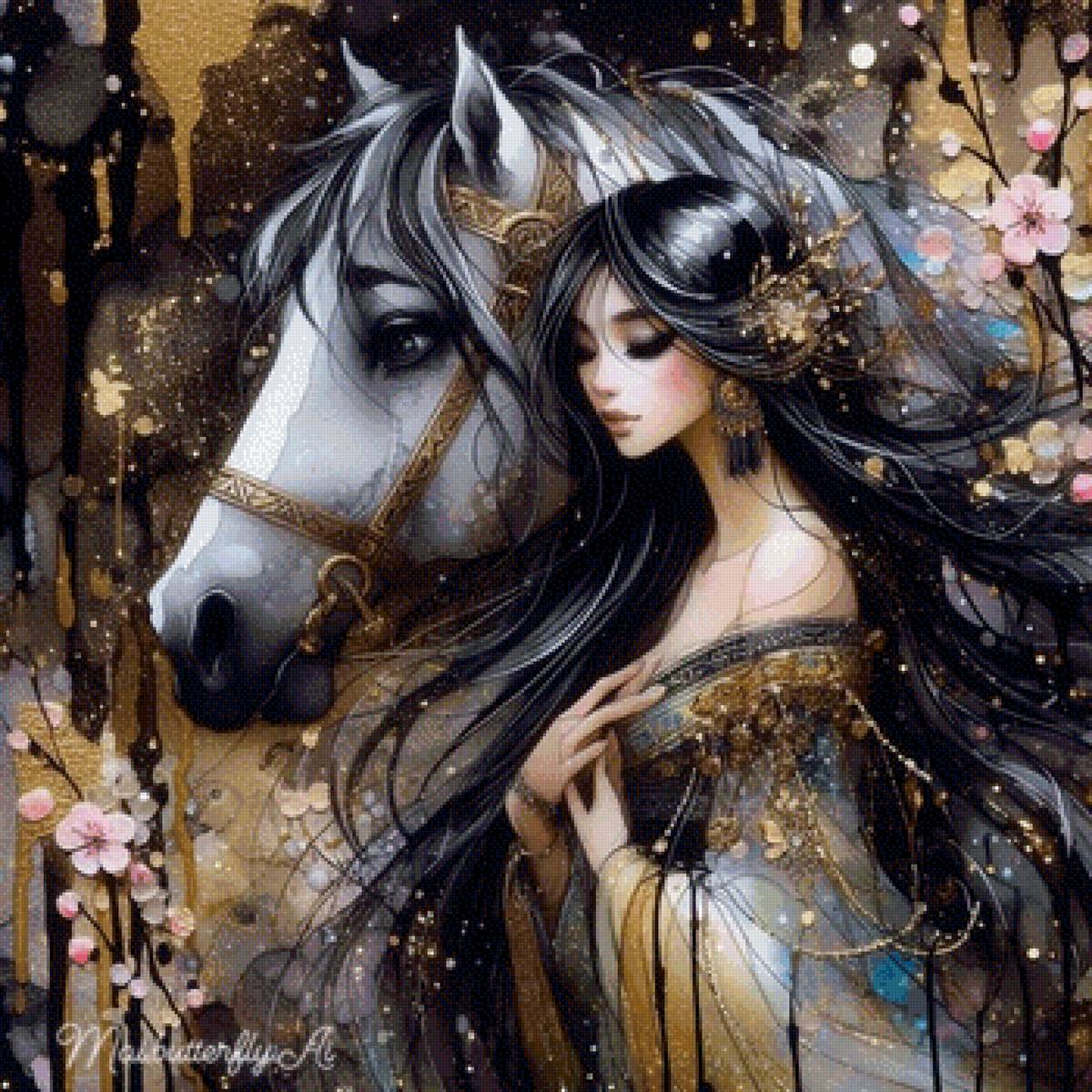 Девушка с конём - конь, девушка, золото, живопись - предпросмотр
