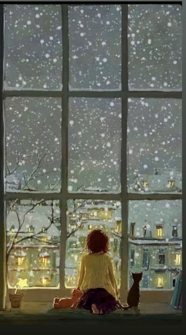 Зимний вечер - зима вечер окно девочка кошка мечта - оригинал