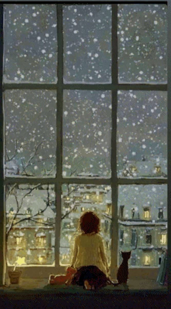 Зимний вечер - зима вечер окно девочка кошка мечта - предпросмотр