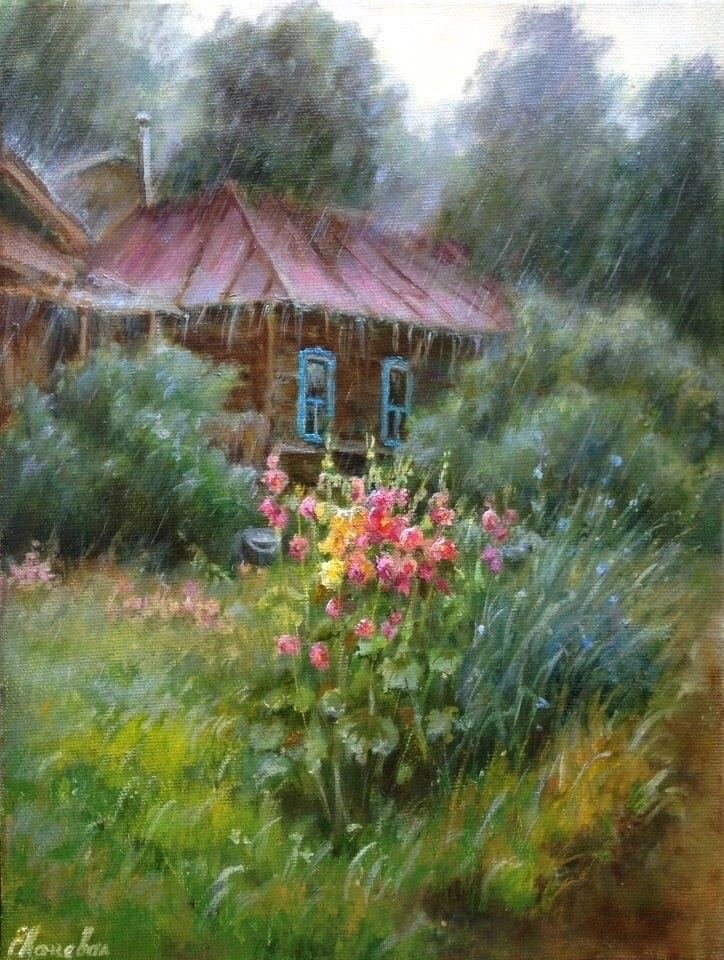 Картина_деревня_дождь - домик, дождь, деревня, лето, цветы, картина - оригинал