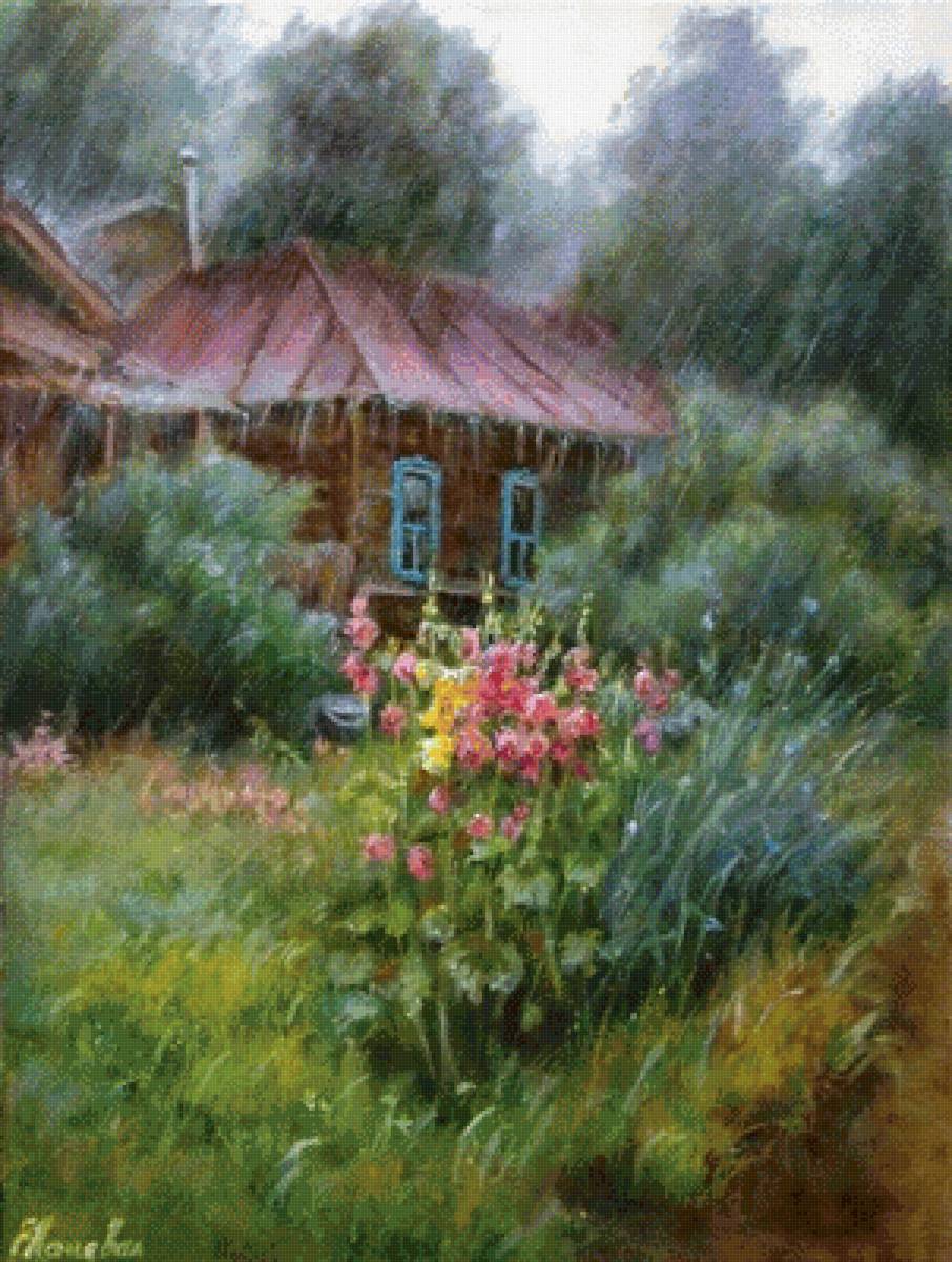 Картина_деревня_дождь - лето, цветы, дождь, картина, домик, деревня - предпросмотр