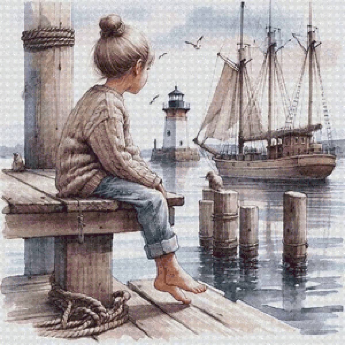 На берегу - берег, девочка, парусник - предпросмотр