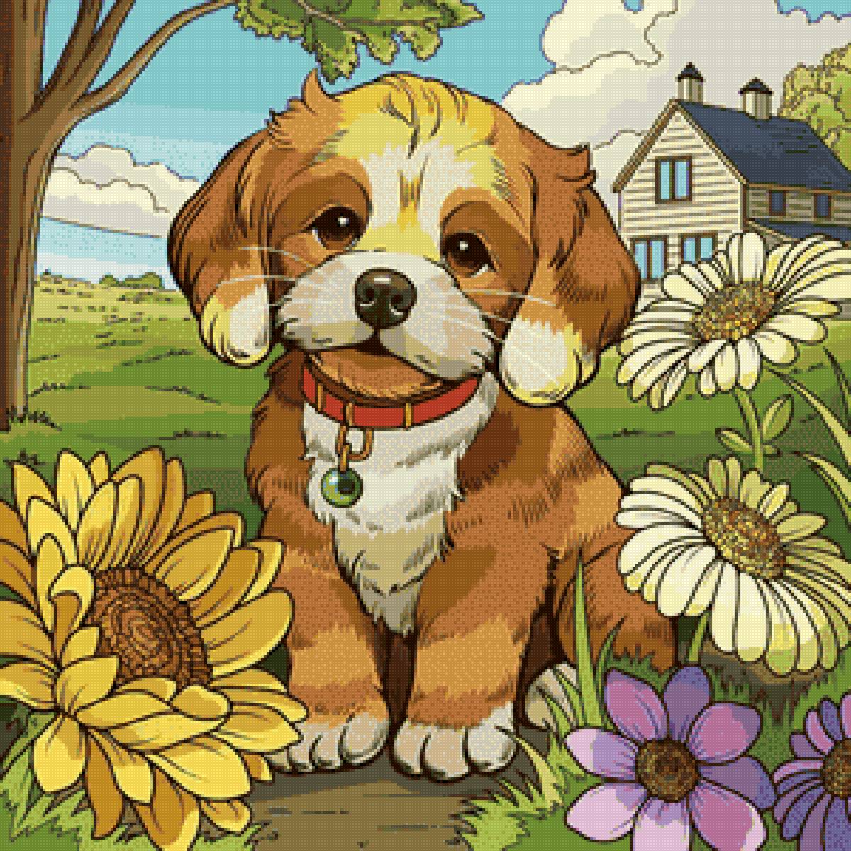 Щенок - собака, щенок, цветы - предпросмотр