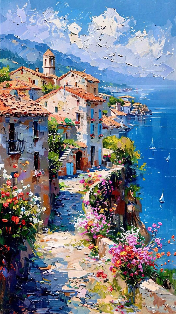 Приморский город - лето, картина, море, город - оригинал