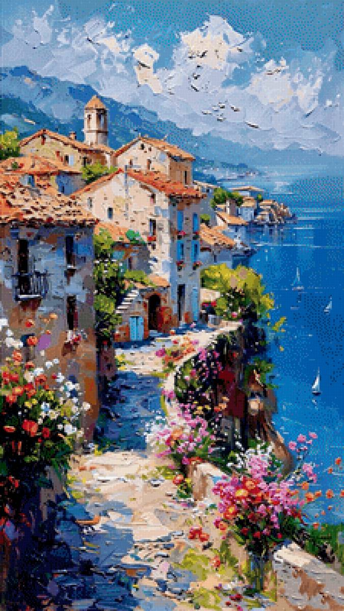 Приморский город - город, картина, лето, море - предпросмотр