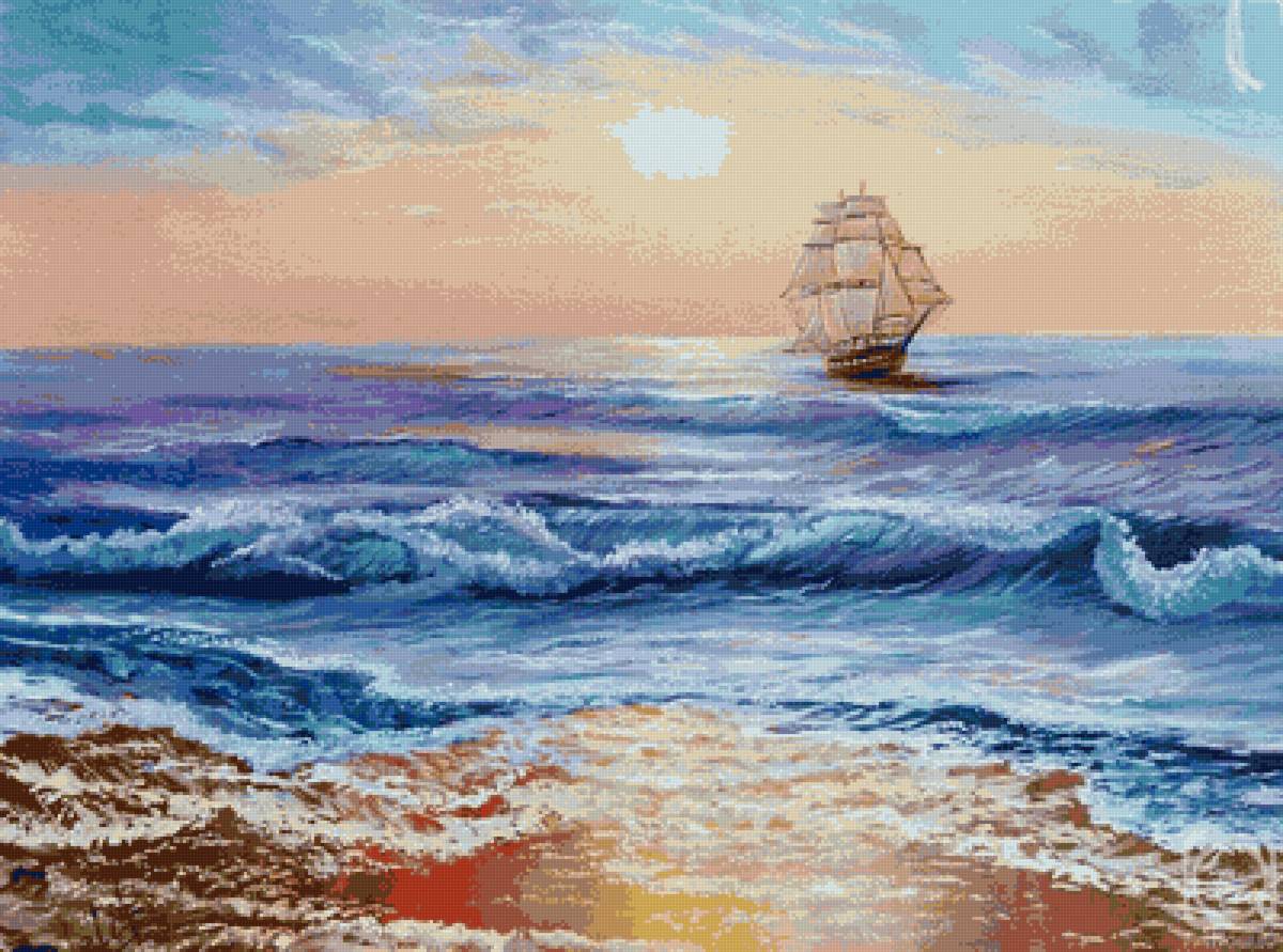 Морской пейзаж - корабль, морской пейзаж - предпросмотр