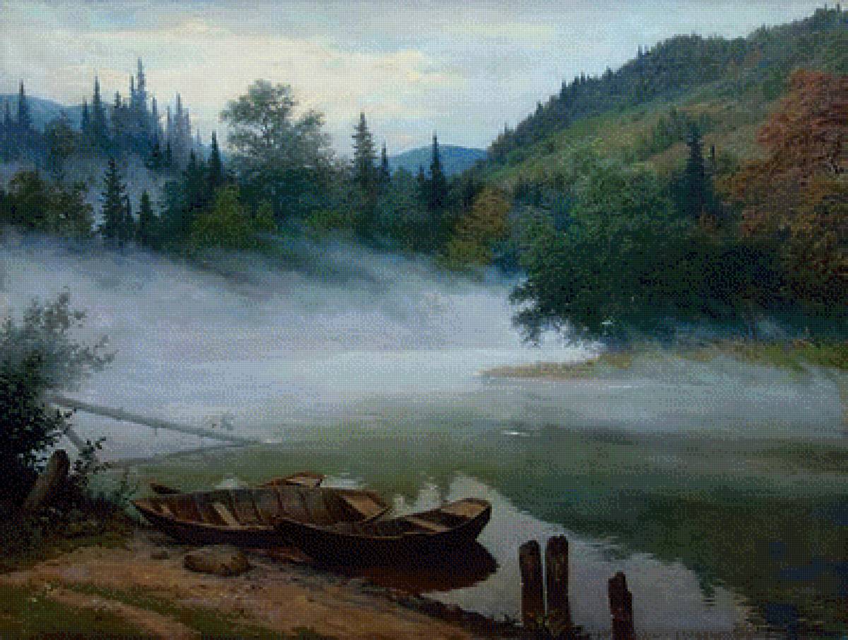 Щербаков_На урале. Туман - горы, картина, туман, пейзаж, река - предпросмотр