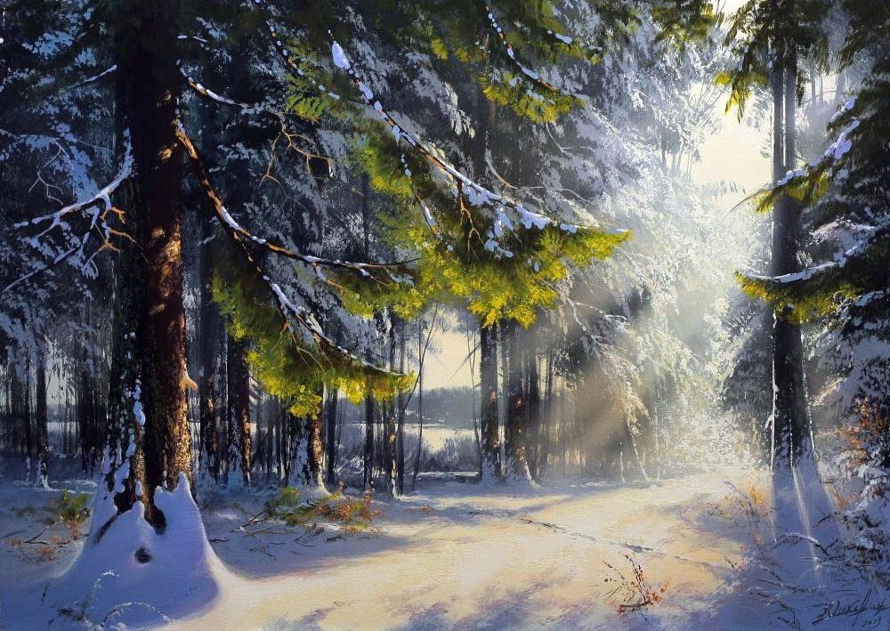 Юшкевич_5 - лес, картина, солнце, ели, пейзаж, зима - оригинал