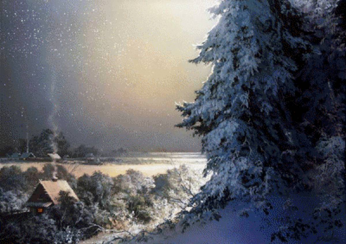 Юшкевич_7 - пейзаж, ели, картина, зима, избушка, лес - предпросмотр