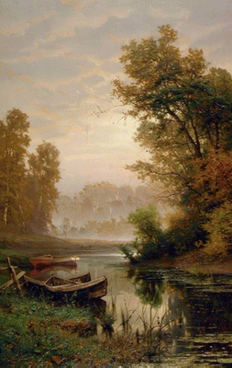 Волков_Туманное утро - пейзаж, картина, река, лодки, утро - предпросмотр