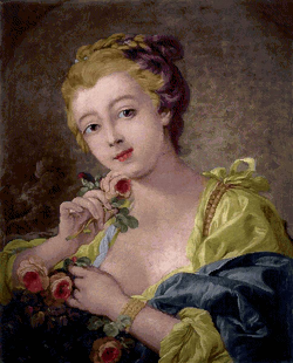 Девушка с букетом роз - художник, живопись, портрет, картина, франсуа буше - предпросмотр