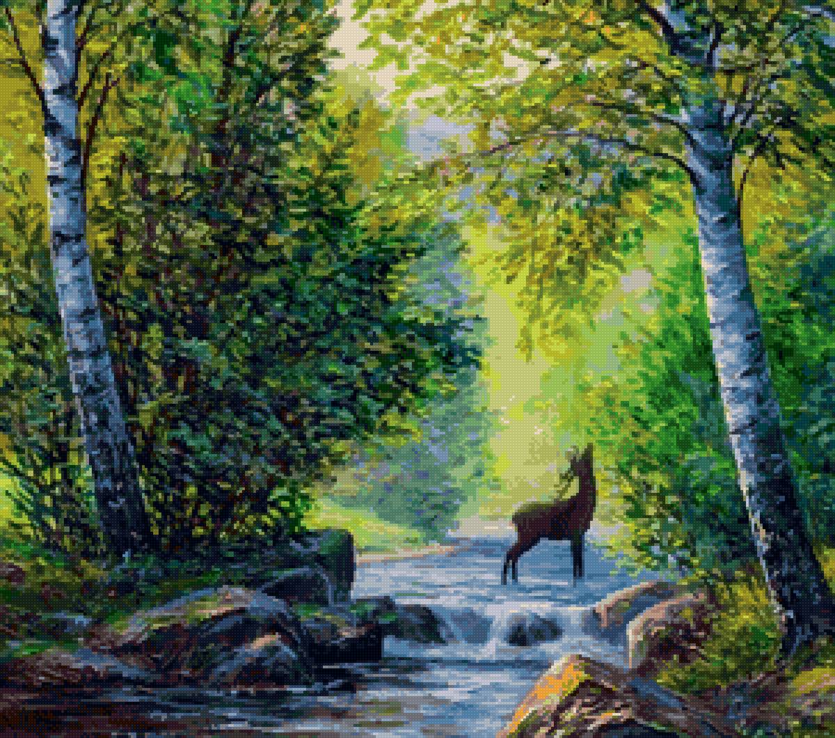 Пейзаж - лес, олень, река, пейзаж - предпросмотр