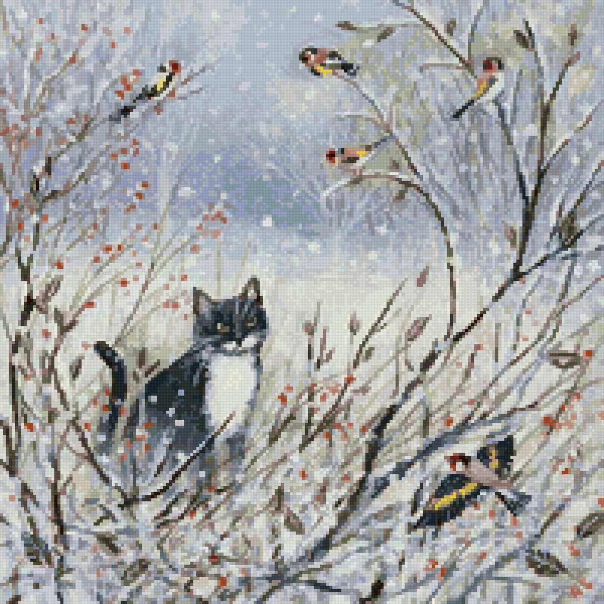 Люси гроссмит - зима кошка птицы природа пейзаж - предпросмотр