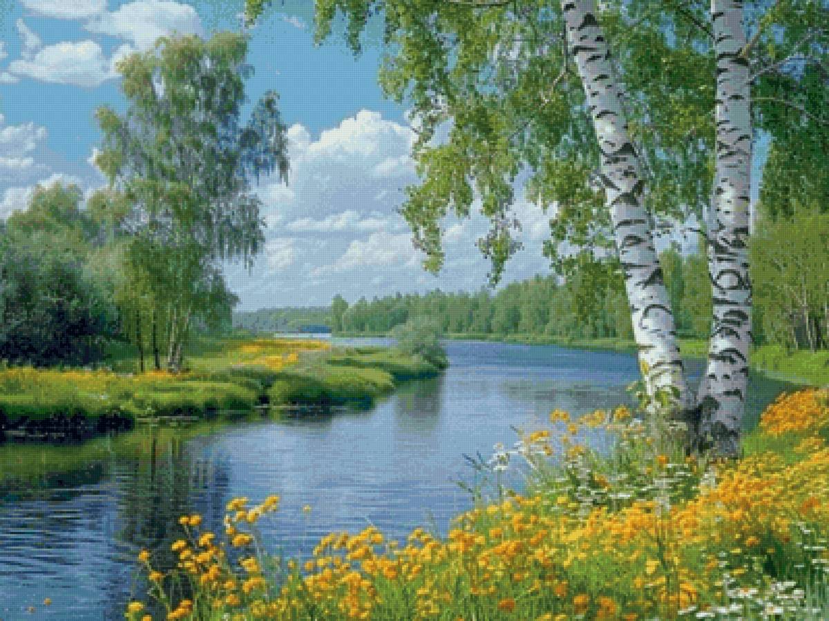 Лес,озеро,небо,трава - лето - предпросмотр