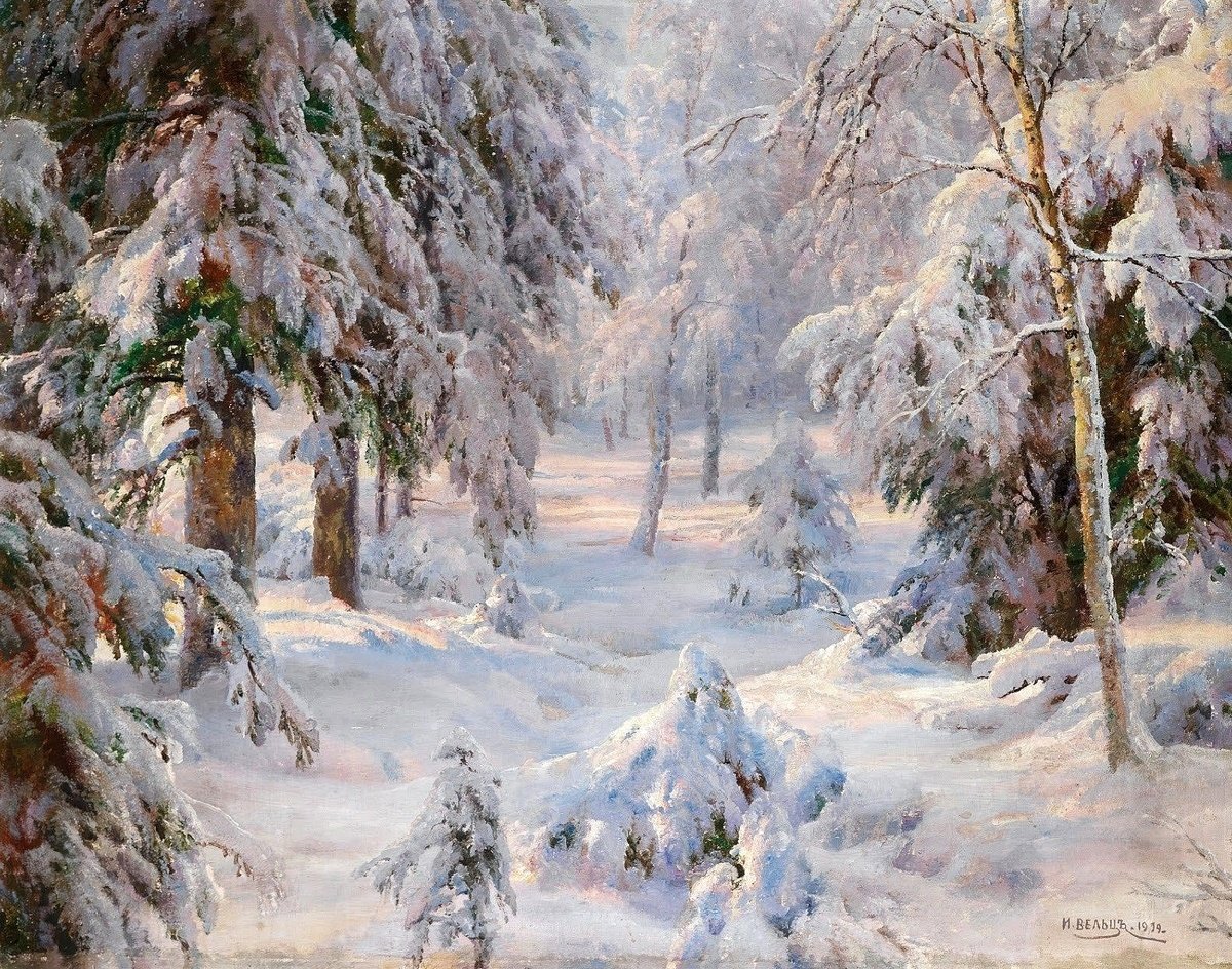Вельц И.А - лес, снег, зимний пейзаж, птицы, ели, сосны - оригинал