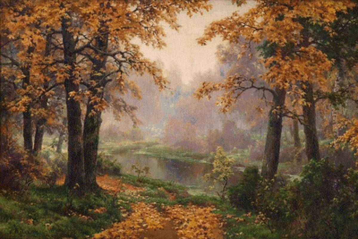 картина - лес, осень, осенний пейзаж, птицы, ели, река, деревья - предпросмотр