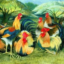 Схема вышивки «Лето птицы петухи пейзаж»