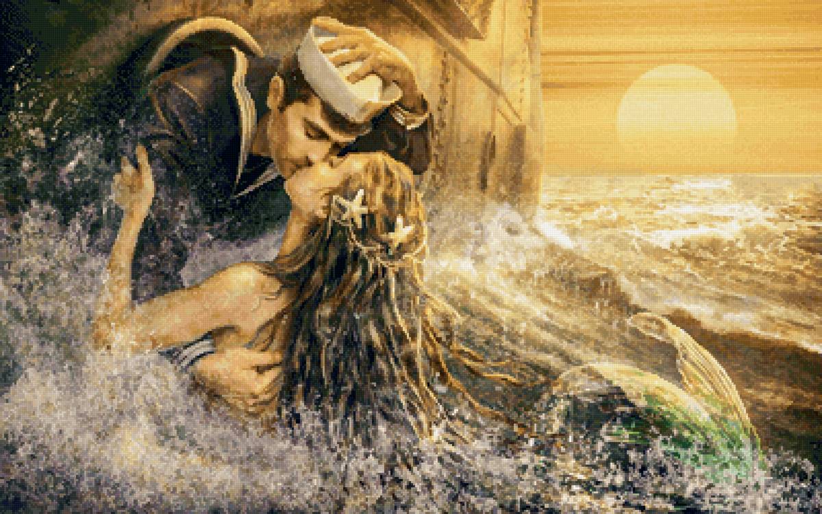 Наваждение - закат, моряк, русалка, море, корабль - предпросмотр