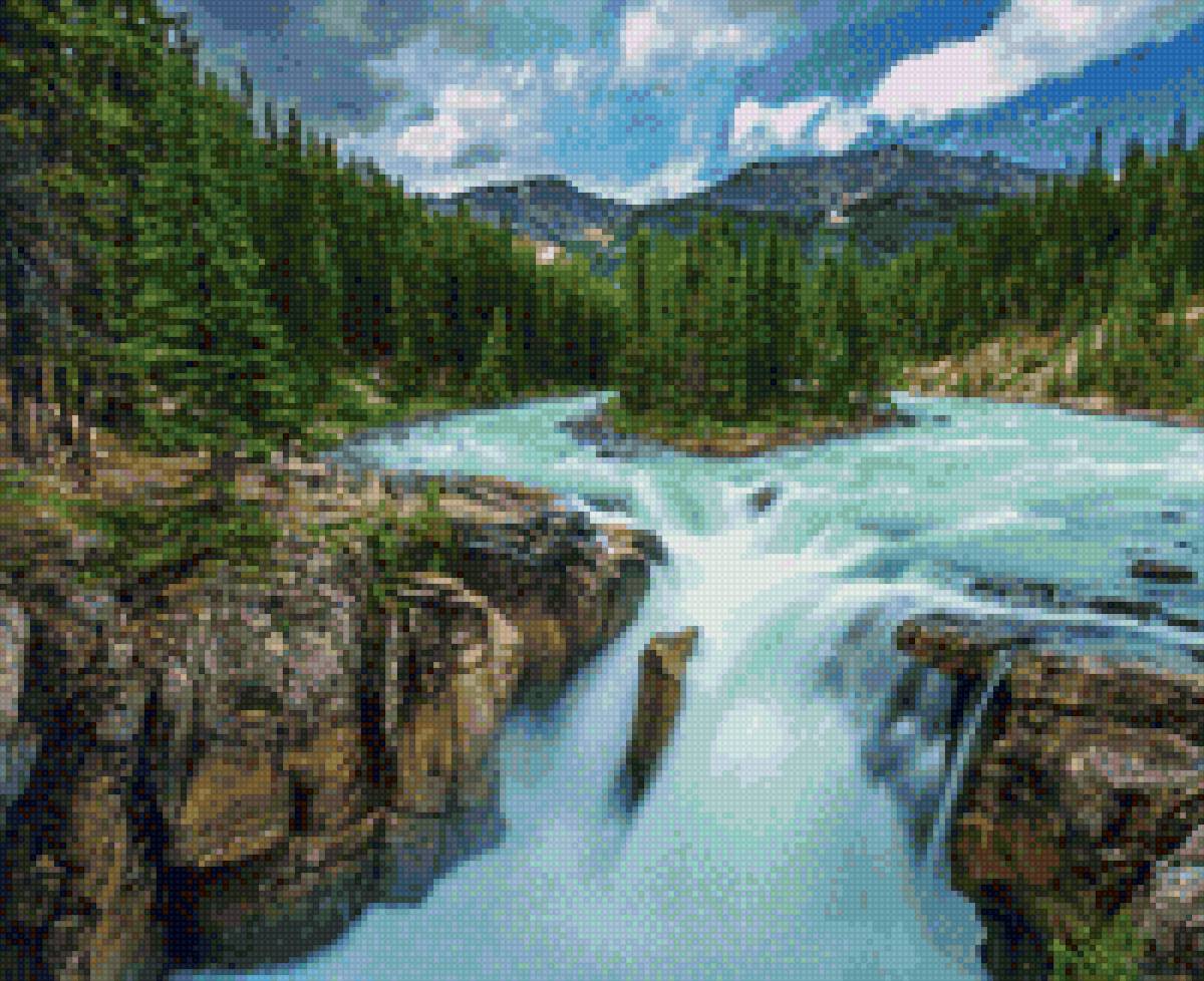 водопад - сосны, водопад, скалы - предпросмотр