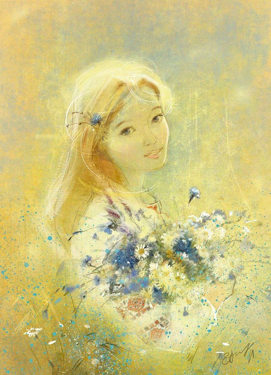 васильки - девушка, цветы - оригинал