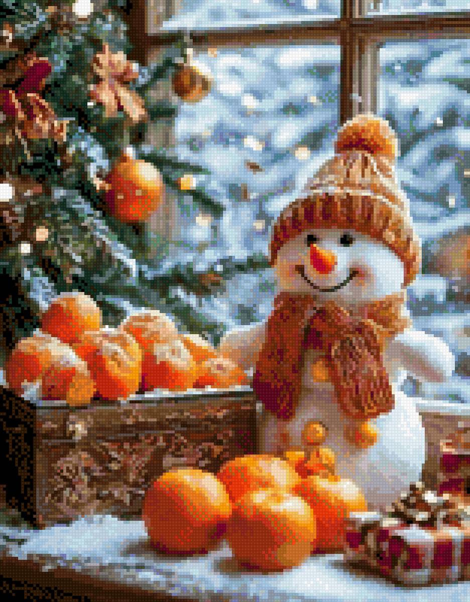 Снеговик и мандарины - мандарины, новый год, снеговик - предпросмотр