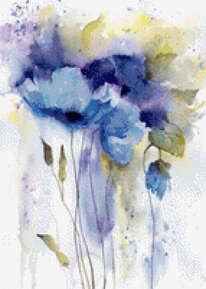 Акварельная нежность - цветы, синий, акварель, вышивка крестиком, абстракция - предпросмотр