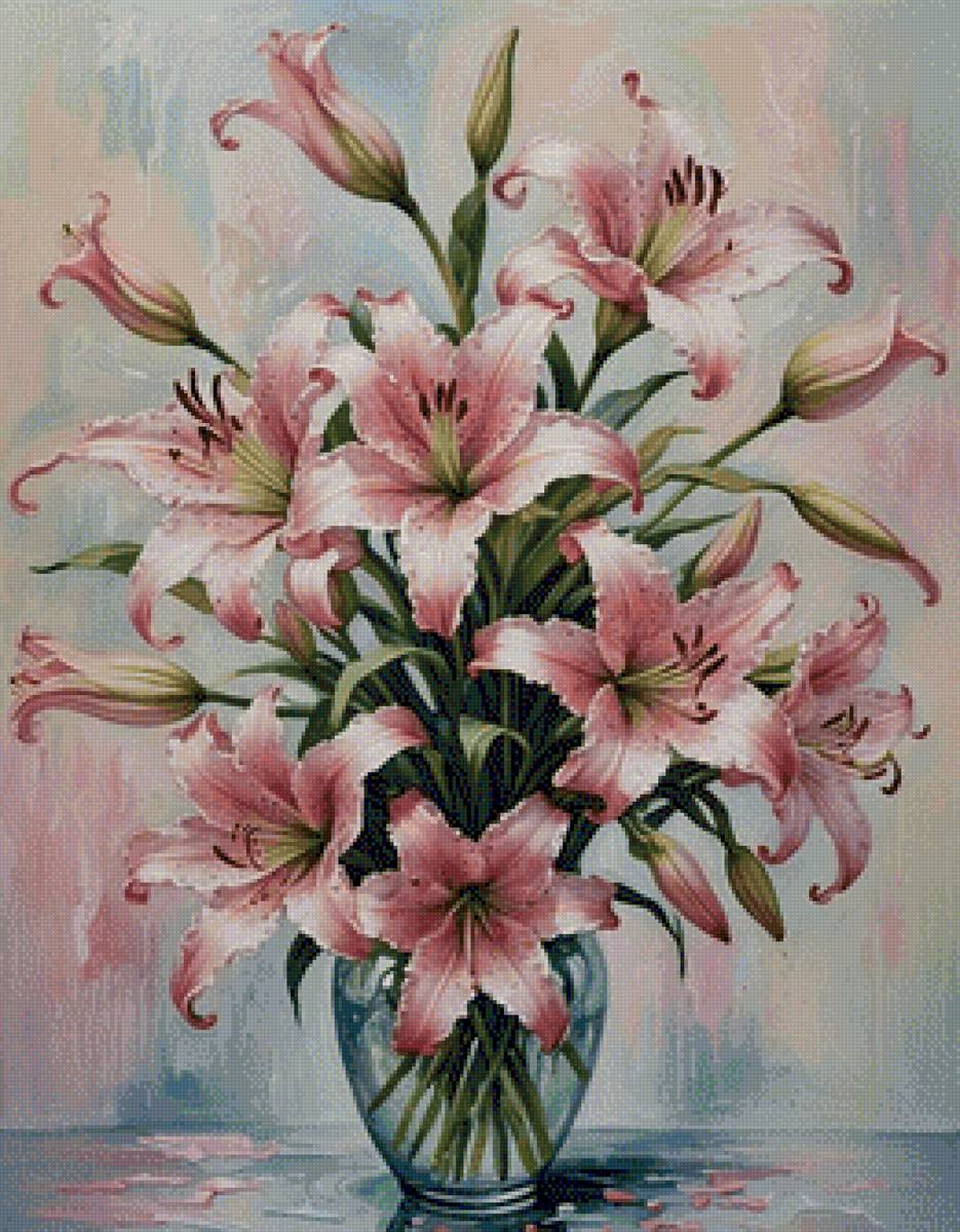 Розовые лилии - цветы, букет, лилии, ваза - предпросмотр