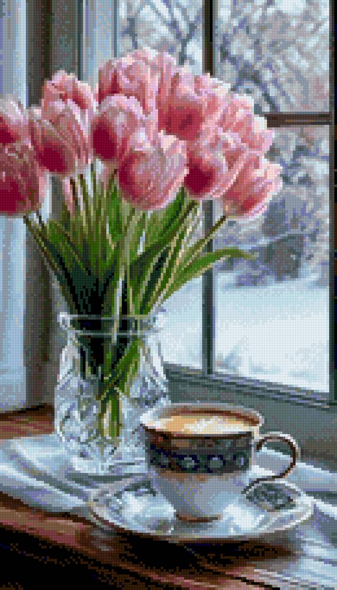 Тюльпаны - чашка, ваха, чай, цветы - предпросмотр