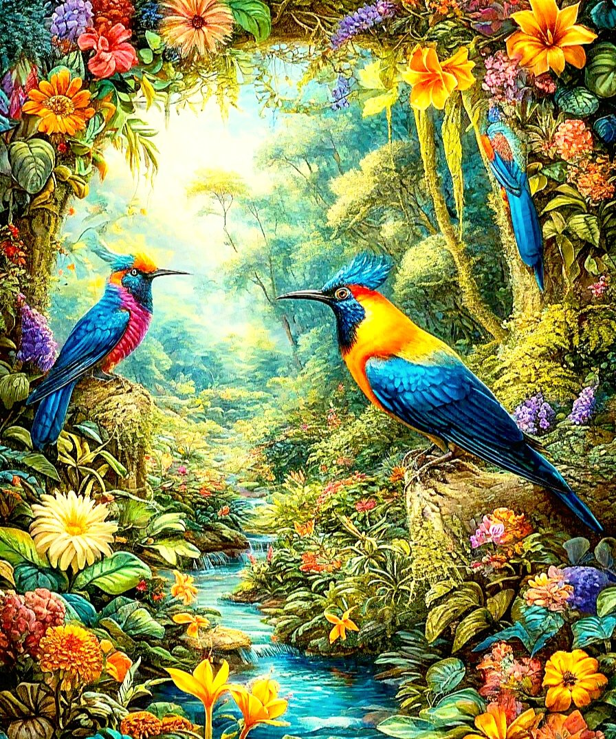 Райский сад - птицы, сад, цветы - оригинал