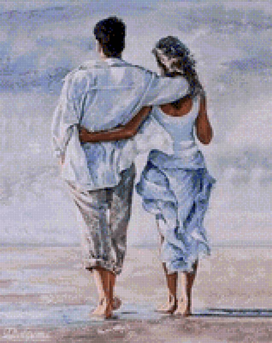 на пляже - природа, влюбленные, акварель, люди - предпросмотр