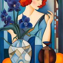 Схема вышивки «Портрет с букетом синих цветов»