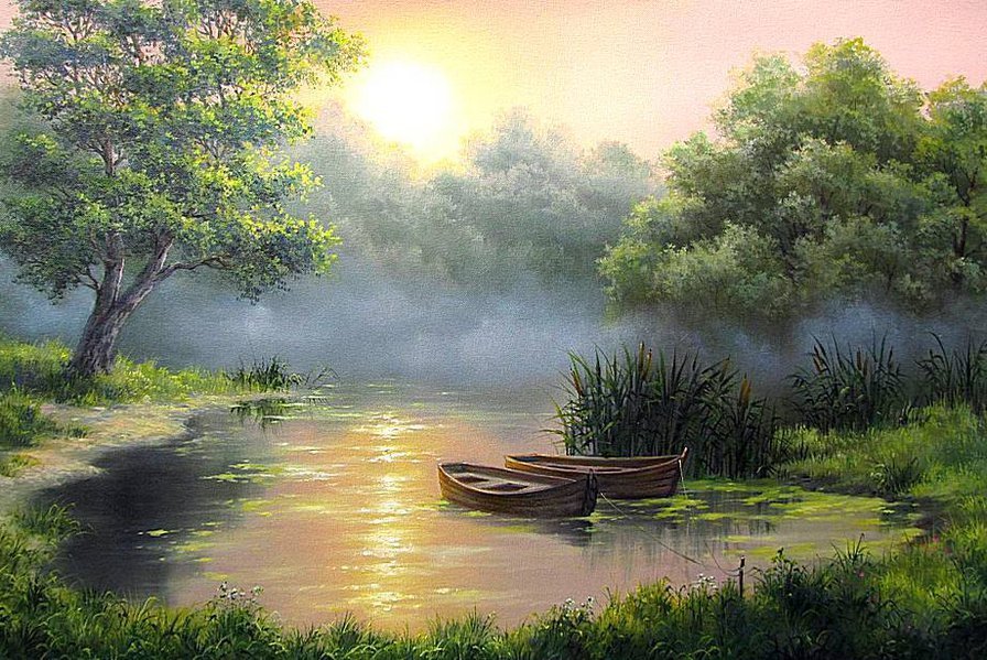 утро на озере с лодкой - оригинал