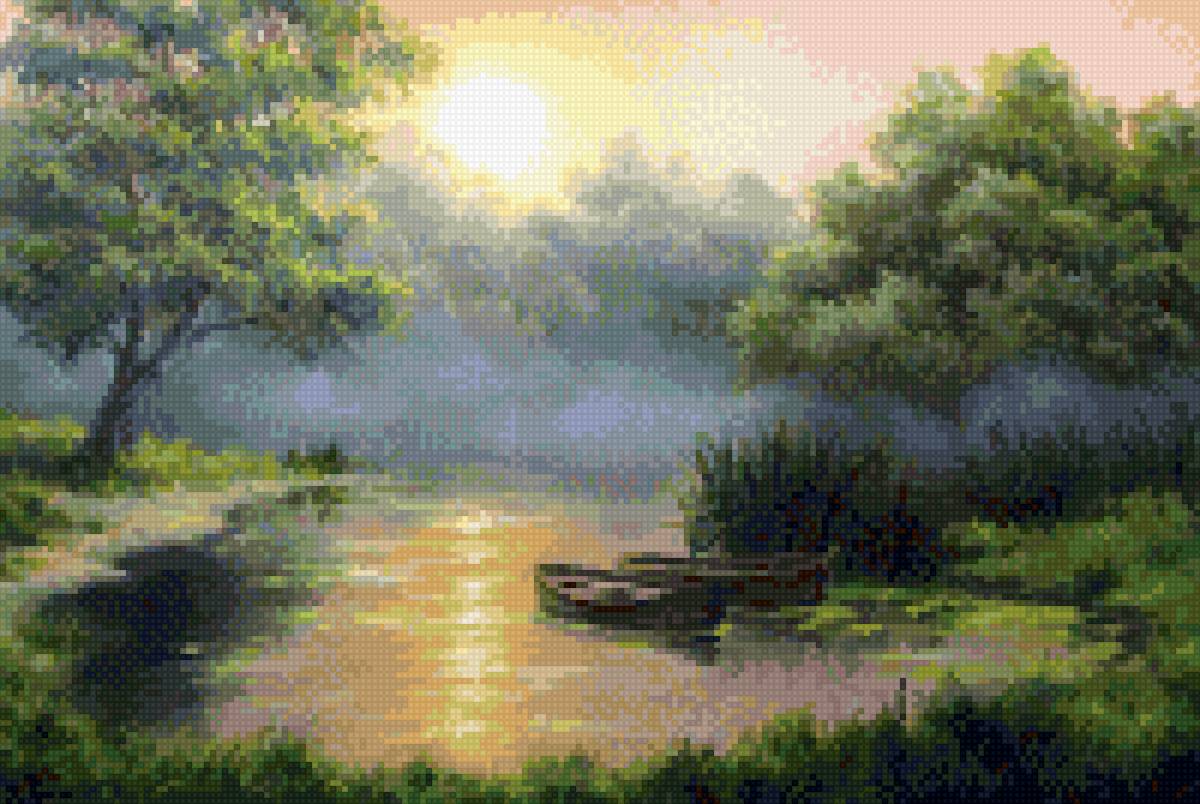 утро на озере с лодкой - предпросмотр