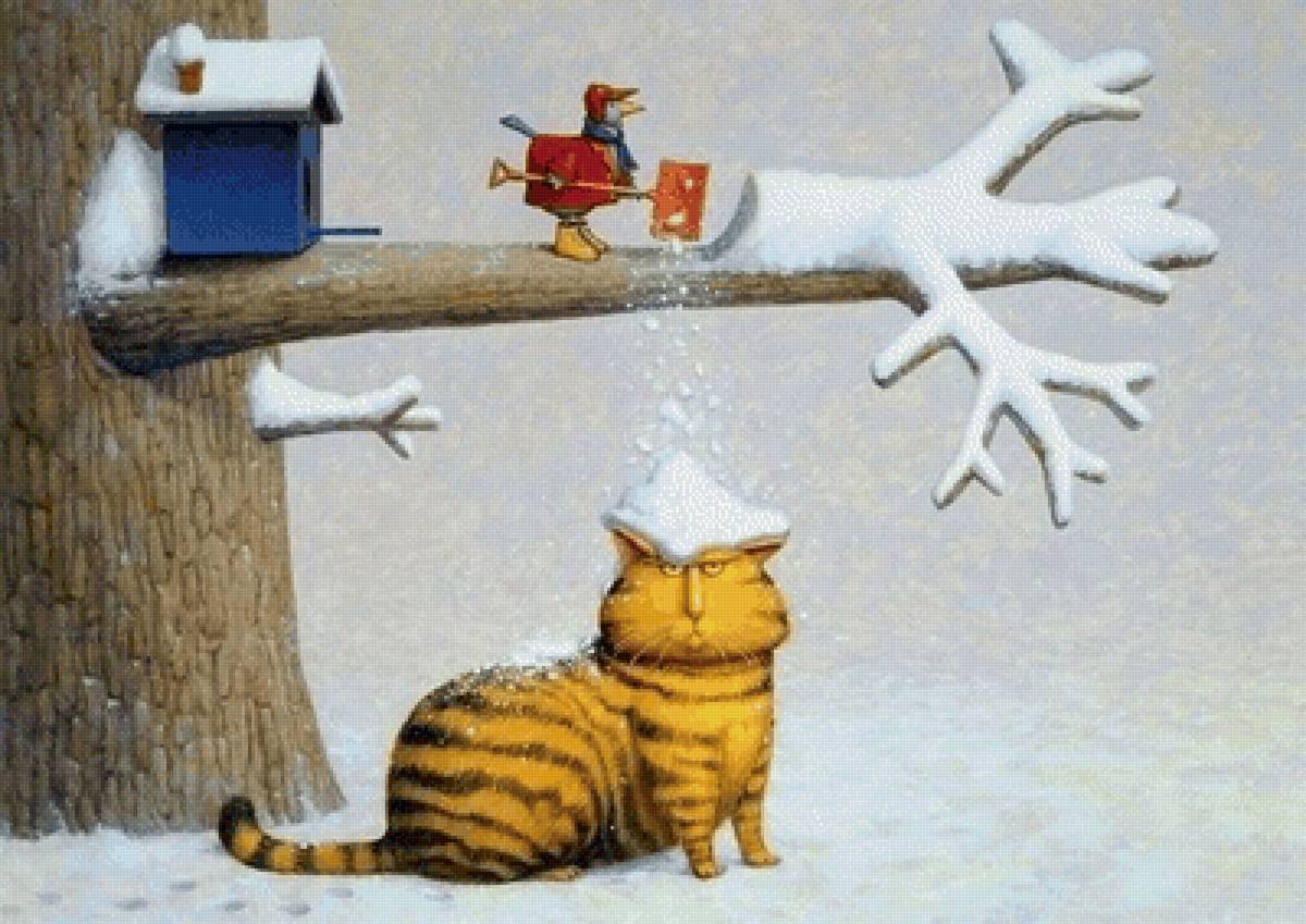 №2860918 - снег, котик, лопата, кошка, дерево, птица, лес, кот - предпросмотр