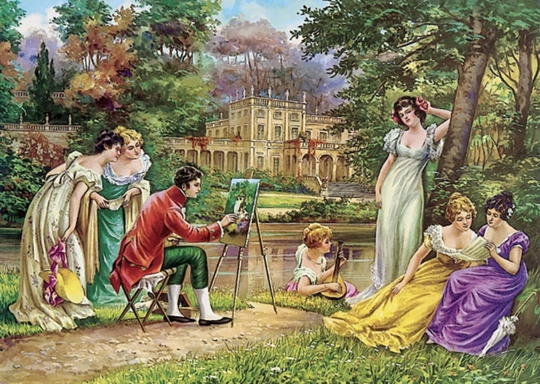 Портрет на природе - девушки, прогулка, природа, пикник., 18 век, художник - оригинал