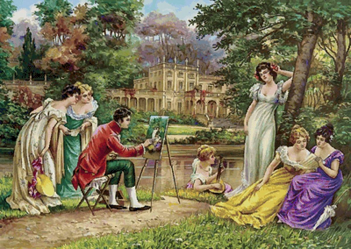 Портрет на природе - прогулка, девушки, 18 век, пикник., природа, художник - предпросмотр