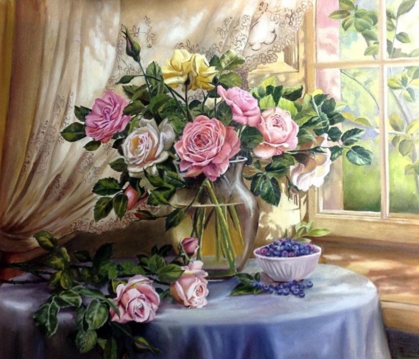 №2865202 - окно, розы, букет - оригинал