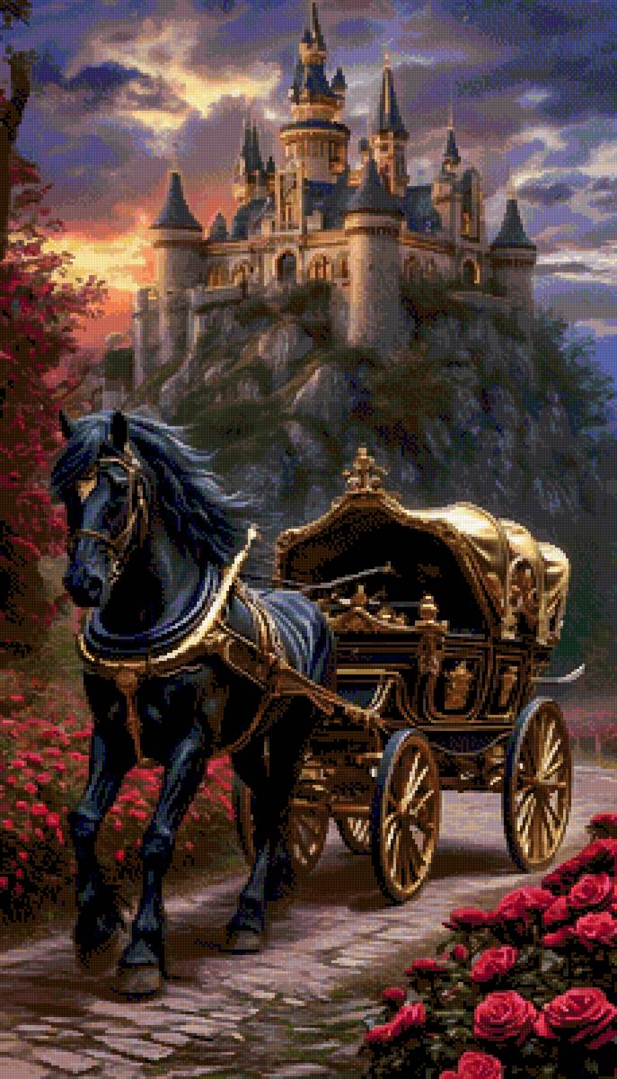 картина - карета, конь, замок - предпросмотр