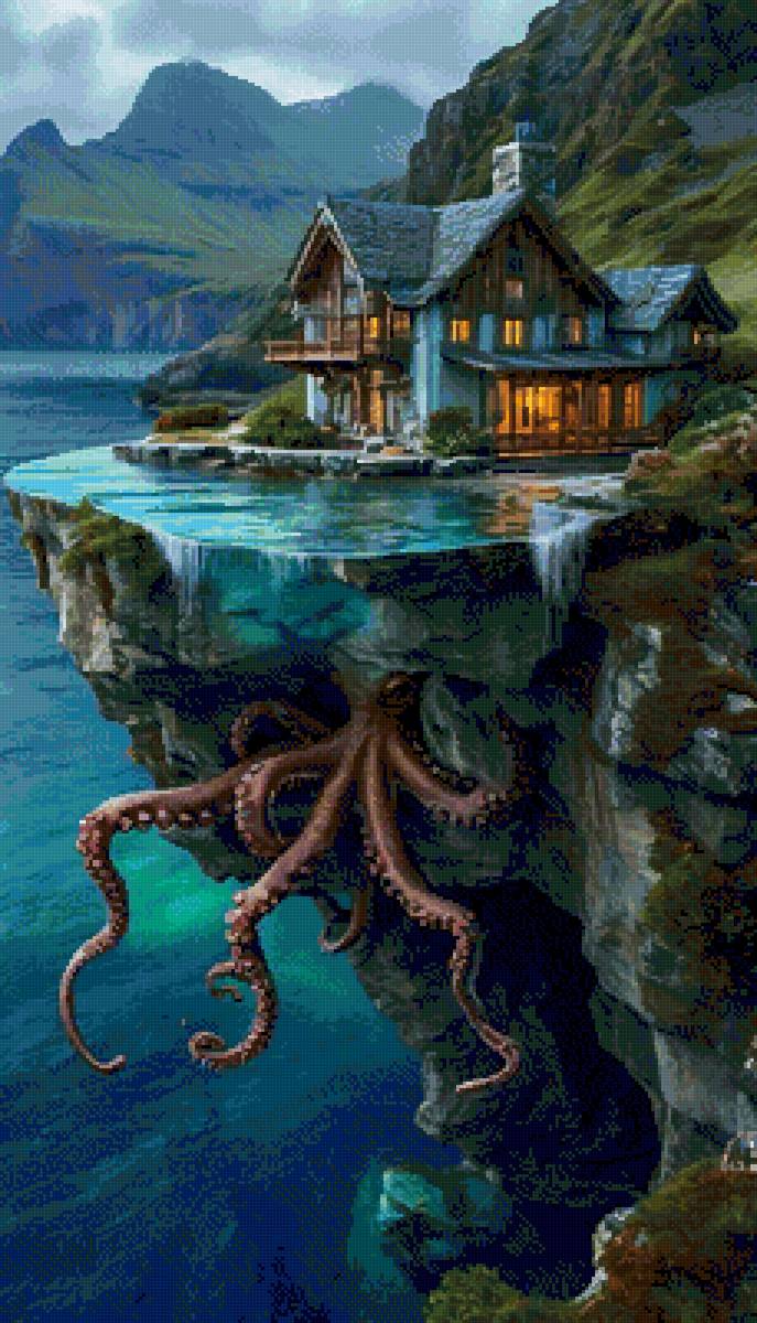 фентази - дом, осьминог, горы, океан - предпросмотр